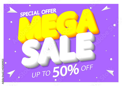 Mega Sale 50% off, poster design template, special offer, vector illustration