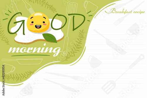 Good morning with cheerful scrambled eggs banner. Joyful yellow omelette for breakfast with blank complementary items list delicious green vector design.