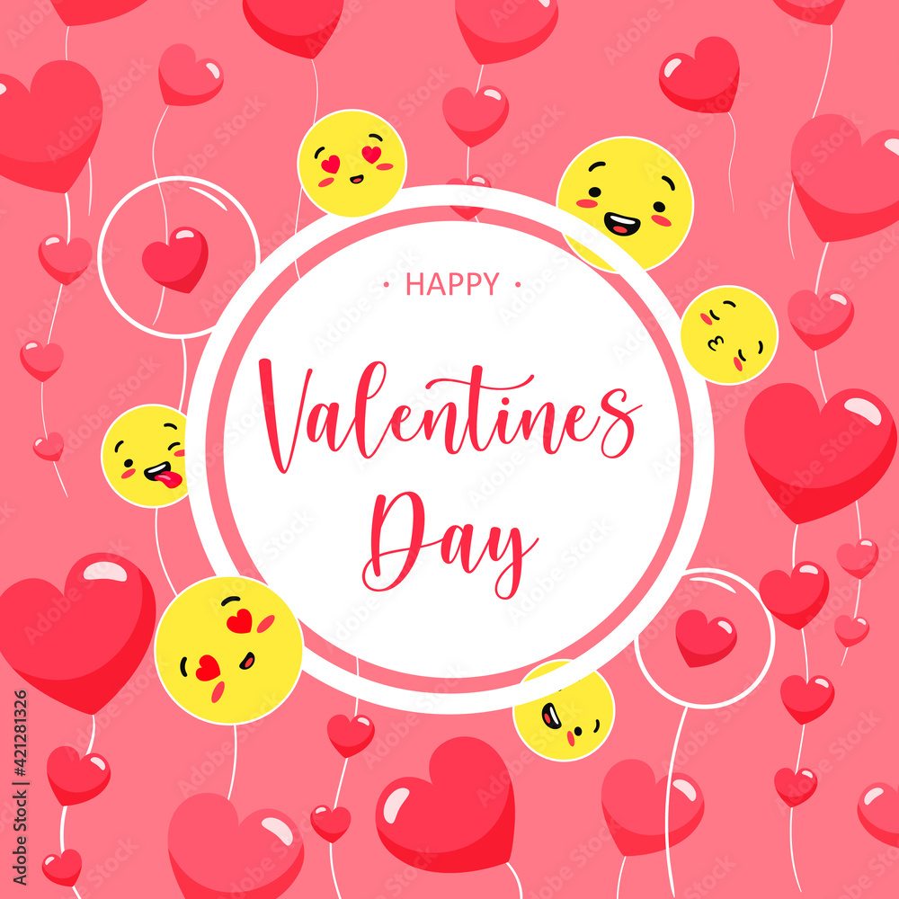 Emotional Valentines day banner. Yellow romantic emoticons with red hearts and joyful grimaces invite you date and confess your love vector.