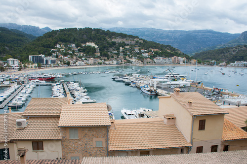 Spain. Majorca. Port of Soller. View of the yachts standing in the bay