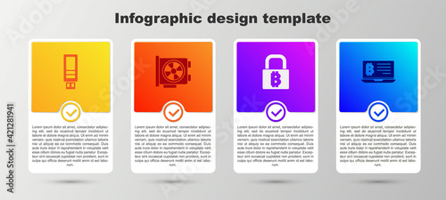 Set USB flash drive, Video graphic card, Lock with bitcoin and Mining from laptop. Business infographic template. Vector