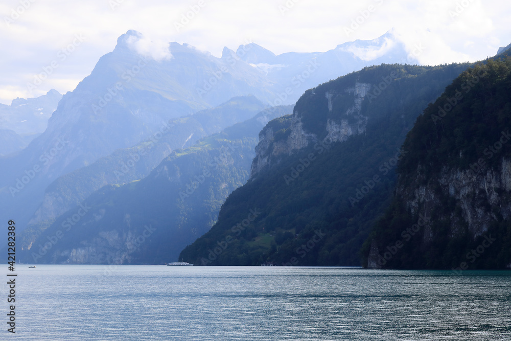 Mountain range on lake as seen from Brunnen