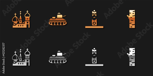 Set Saint Basil's Cathedral, Military tank, Slavic pagan idol and Birch tree icon. Vector