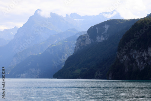 Mountain range on lake as seen from Brunnen