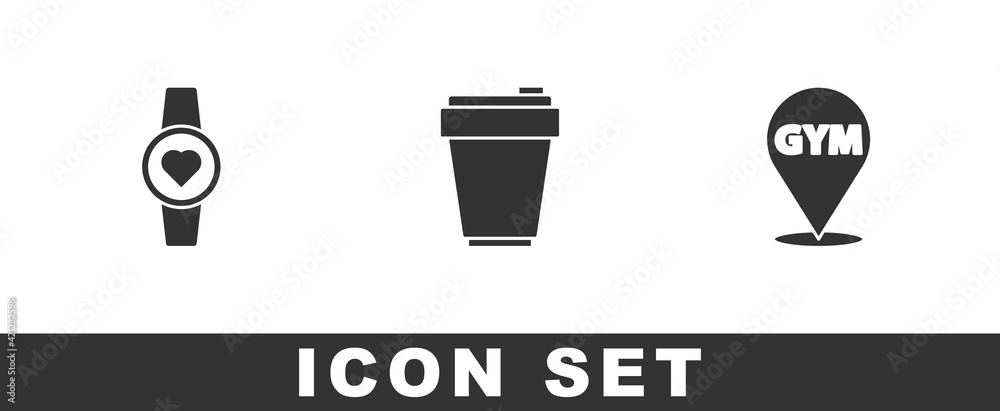 Set Smartwatch, Fitness shaker and Location gym icon. Vector Set Smartwatch, Fitness shaker and Location gym icon. Vector