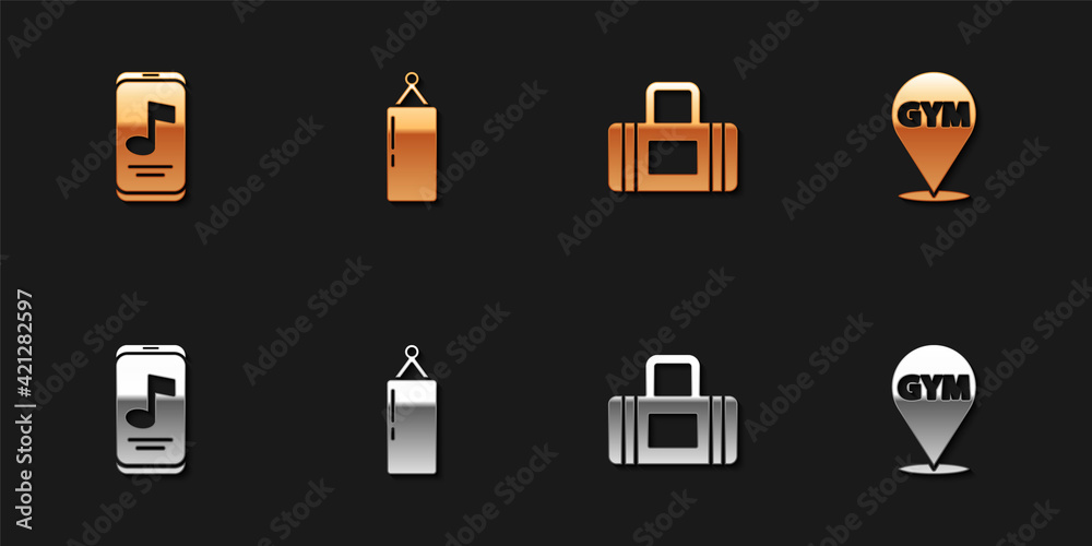 Set Music player, Punching bag, Sport and Location gym icon. Vector Set Music player, Punching bag, Sport and Location gym icon. Vector