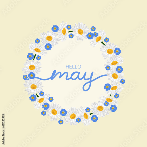 Seasonal spring flowers wreath, isolated on yellow background. Hello May. Vector illustration.