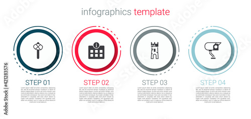 Set Stone age hammer, Information, Castle tower and Security camera. Business infographic template. Vector