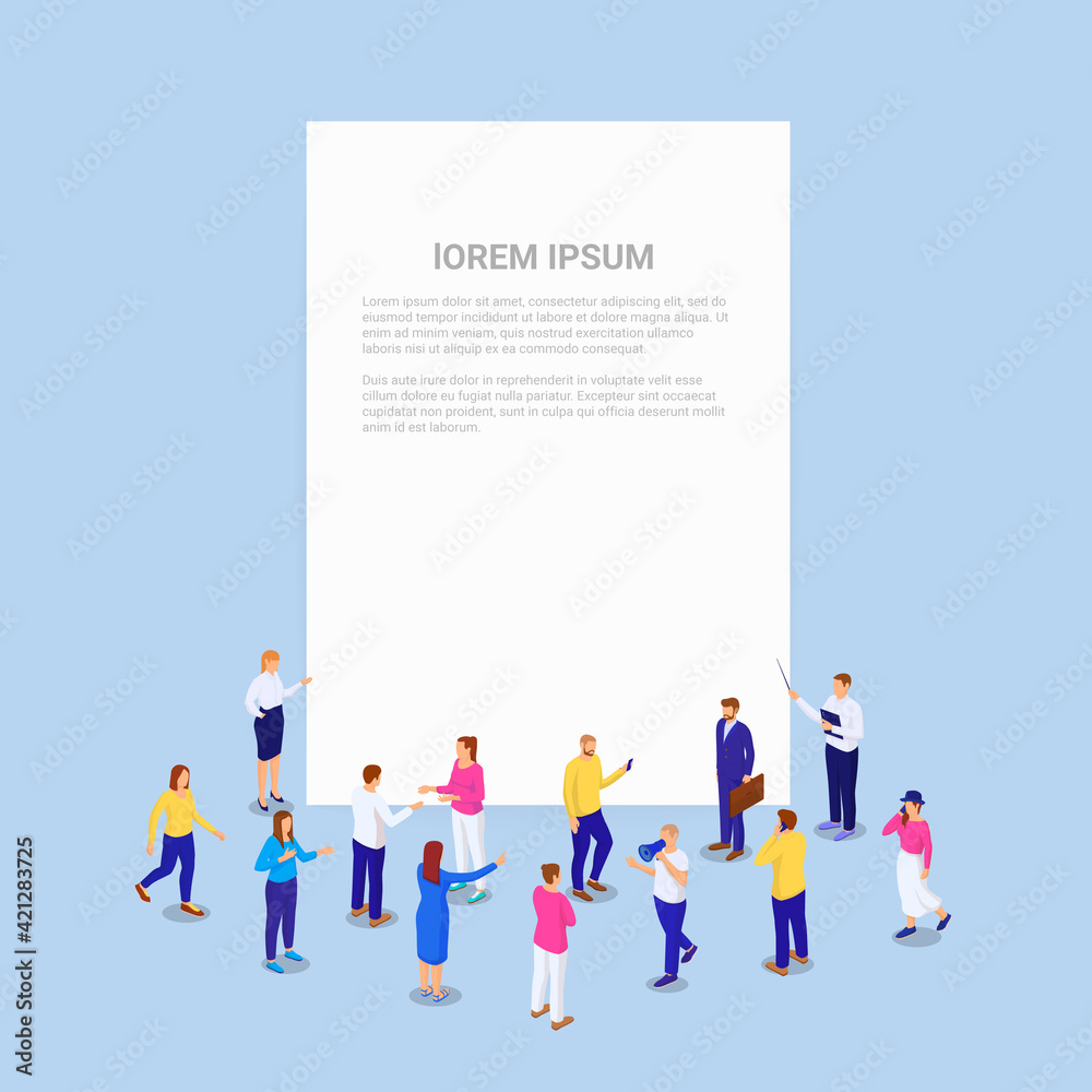 Crowd people business presentation isometric banner. Group characters discussing next large white sheet news and talking vector phone. Crowd people business presentation isometric banner. Group characters discussing next large white sheet news and talking vector phone.