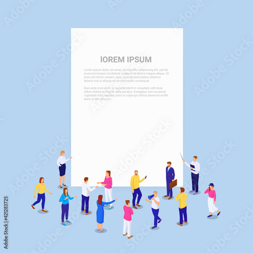 Crowd people business presentation isometric banner. Group characters discussing next large white sheet news and talking vector phone.