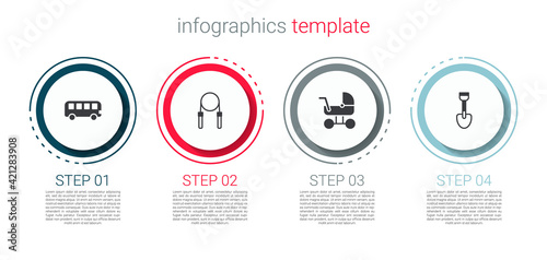 Set Bus toy, Jump rope, Baby stroller and Shovel. Business infographic template. Vector