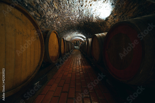 Wine barrels in a wine cellar. Small production. Underground tunnel. Storage of finished products. deep sharpness on a wide angle lens photo