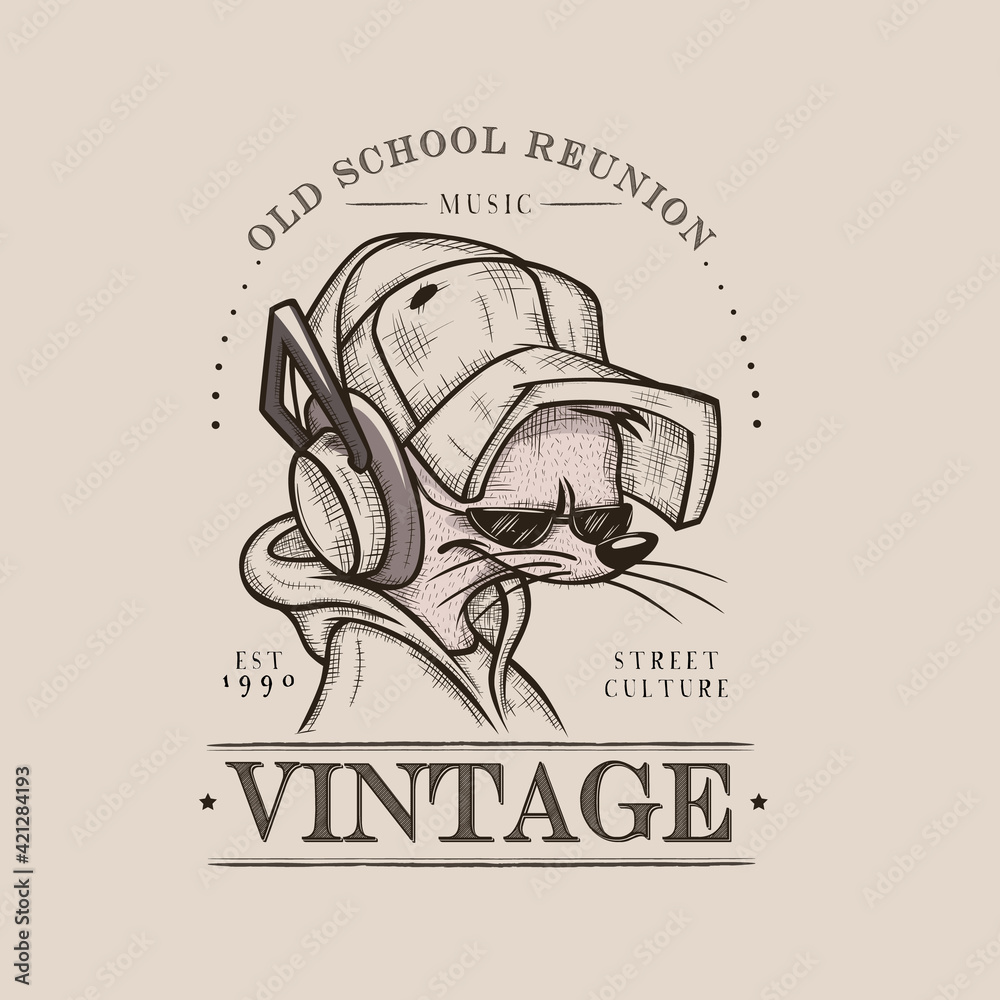 Vintage rat with headphones and baseball cap clipart. Cool hipster character monochrome printed picture in style of street vector culture.