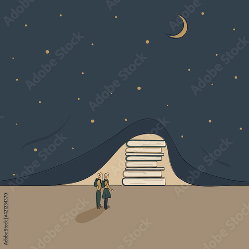 Concept:book is source of knowledge.Stack of books lifted curtain of darkness in form of night sky with moon and stars and showed light. Tiny boy and girl ready to immerse in reading.Hand drawn vector