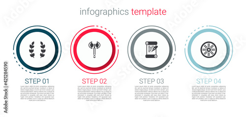 Set Laurel wreath, Medieval axe, Decree, parchment, scroll and Old wooden wheel. Business infographic template. Vector