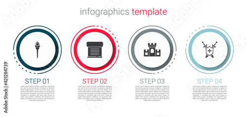 Set Torch flame, Decree, parchment, scroll, Castle, fortress and Medieval shield with swords. Business infographic template. Vector