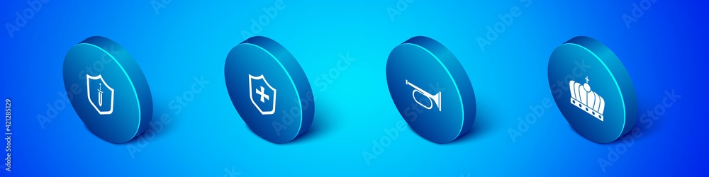 Set Isometric Medieval shield with sword, Trumpet, King crown and Shield icon. Vector Set Isometric Medieval shield with sword, Trumpet, King crown and Shield icon. Vector