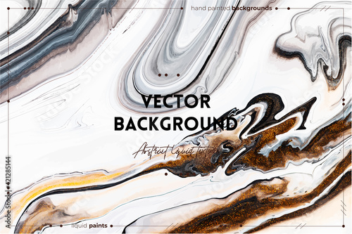 Fluid art texture. Background with abstract mixing paint effect. Liquid acrylic picture with artistic mixed paints. Can be used for baner or wallpaper. Golden, black and white overflowing colors.