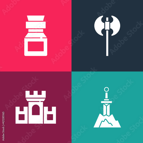 Set pop art Sword in the stone, Castle, fortress, Medieval axe and Poison bottle icon. Vector