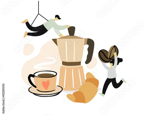 Two people make coffee for breakfast. Hot pot espresso with cup and croissant. Illustration making drink. Concept suitable for banner, landing page, advertising. 