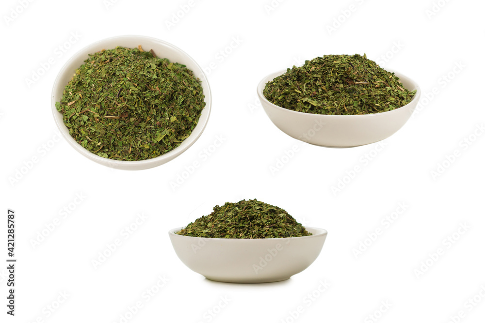 Dry mint in a bowl isolated. Dry mint in a bowl isolated.