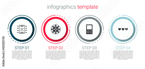 Set Hockey table, Casino roulette wheel, Tetris and Hearts for game. Business infographic template. Vector
