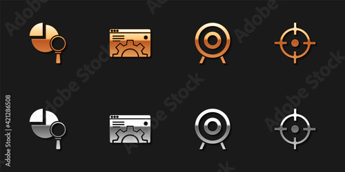 Set Magnifying glass and analysis, Browser setting, Target sport and icon. Vector