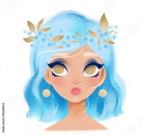 Clipart watercolor tender girl with blue hair. Boho vintage style. Cute illustration in cartoon childish style. The image is isolated on a white background.