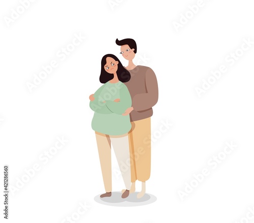Married couple sort out relationship illustration. Man with smile calms offended woman and returns her good vector mood.