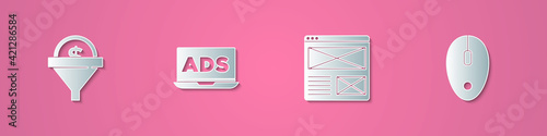 Set paper cut Lead management, Advertising, Browser window and Computer mouse icon. Paper art style. Vector