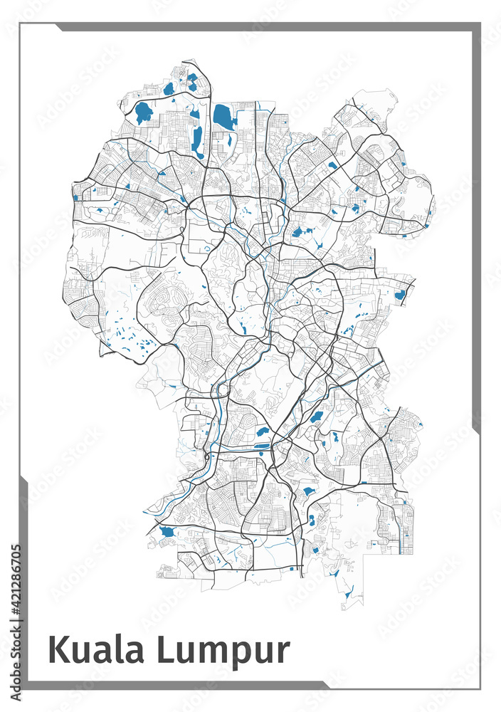 Obraz premium Kuala Lumpur map poster, administrative area plan view. Black, white and blue detailed design.