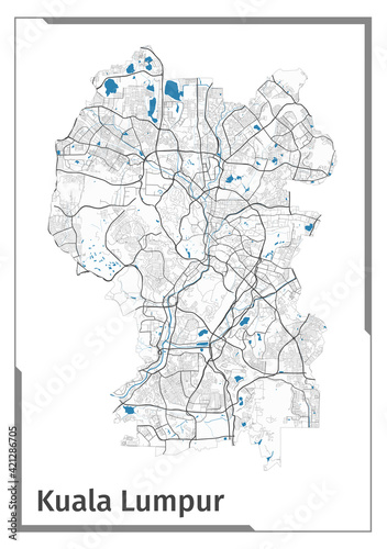 Kuala Lumpur map poster, administrative area plan view. Black, white and blue detailed design.