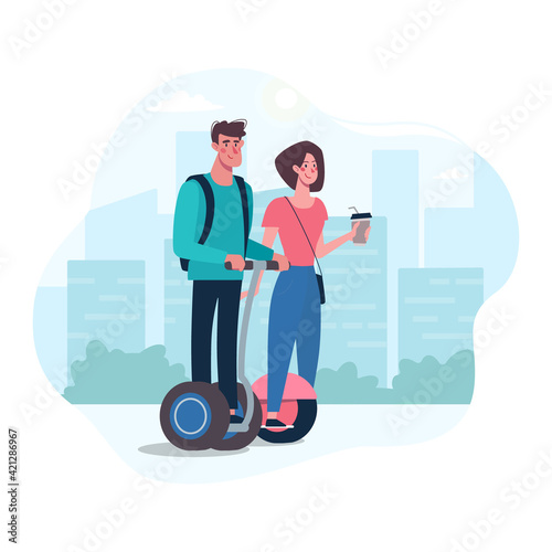 A couple of lovers ride modern gyroboards, drink coffee. Alternative environmentally friendly transport, healthy lifestyle. A woman and a man, friends are walking around the city. Vector, flat style.