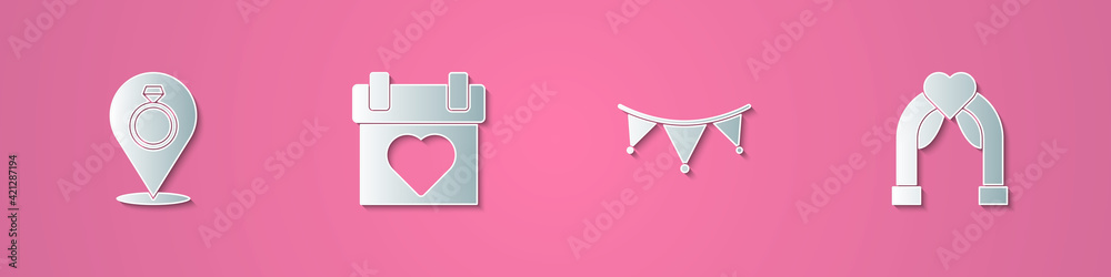 Set paper cut Wedding rings, Calendar, Carnival garland with flags and arch icon. Paper art style. Vector Set paper cut Wedding rings, Calendar, Carnival garland with flags and arch icon. Paper art style. Vector