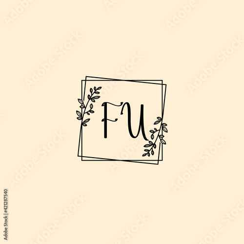 FU initial letters Wedding monogram logos, hand drawn modern minimalistic and frame floral templates