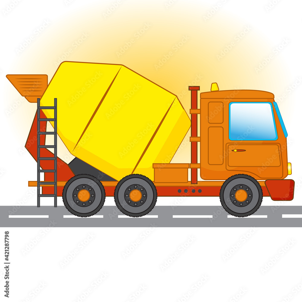 Concrete truck icon. Mixer cement truck side view in flat style design. industry equipment machine. Construction machinery for pouring of cement. Vector illustration on a white background.