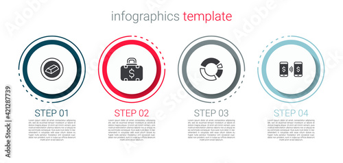 Set Gold bars, Briefcase and money, Pie chart infographic and Money payment transfer. Business infographic template. Vector