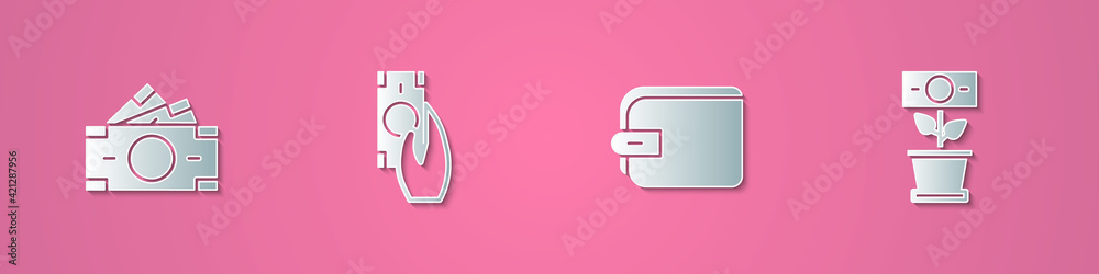 Set paper cut Stacks paper money cash, Fast payments, Wallet and Money plant in the pot icon. Paper art style. Vector Set paper cut Stacks paper money cash, Fast payments, Wallet and Money plant in the pot icon. Paper art style. Vector