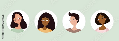 Avatars people with mood grimaces. Cheerful and sad faces characters with contemptuous disbelief and joyful smile with vector reverie.