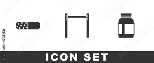 Set Vitamin pill, Horizontal bar and Sports nutrition icon. Vector