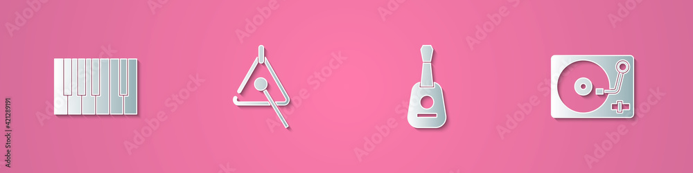 Set paper cut Grand piano, Triangle, Guitar and Vinyl player with vinyl disk icon. Paper art style. Vector Set paper cut Grand piano, Triangle, Guitar and Vinyl player with vinyl disk icon. Paper art style. Vector