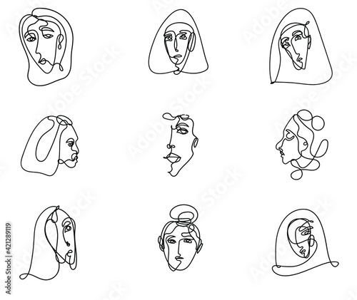 Vector abstract faces drawn by hand with one completed line. Minimalistic female faces for logo, salon