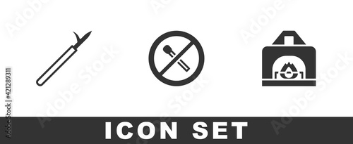 Set Metal pike pole, No fire match and Interior fireplace icon. Vector