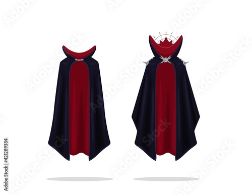 Battle archmage mystical cloak clipart. Silk red cape with black top and magic collar with iron spikes vector shoulders.
