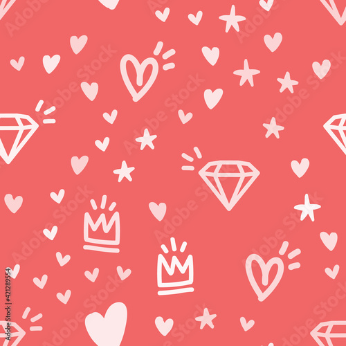 Hearts, stars, crowns and diamond doodles seamless pattern. Cute hand drawn background texture.