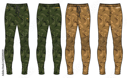 Camouflage Jogger bottom Pants design vector template, Track pants concept with front and back view, Sweatpants for running, jogging, fitness, and active wear pants design.