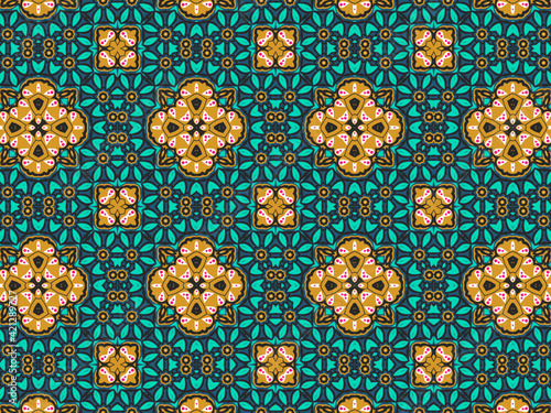 Wallpaper Geometric Ornament Abstract Pattern Green  Black  Blue  and Gold Yellow for Print and Background. Geometric Tile Digital Paper.
