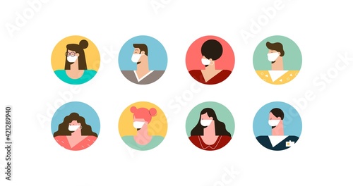 Male and female avatars in masks. Characters with stylish hairstyles in coronavirus proof pandemic safe social communication and modern vector social media profile.