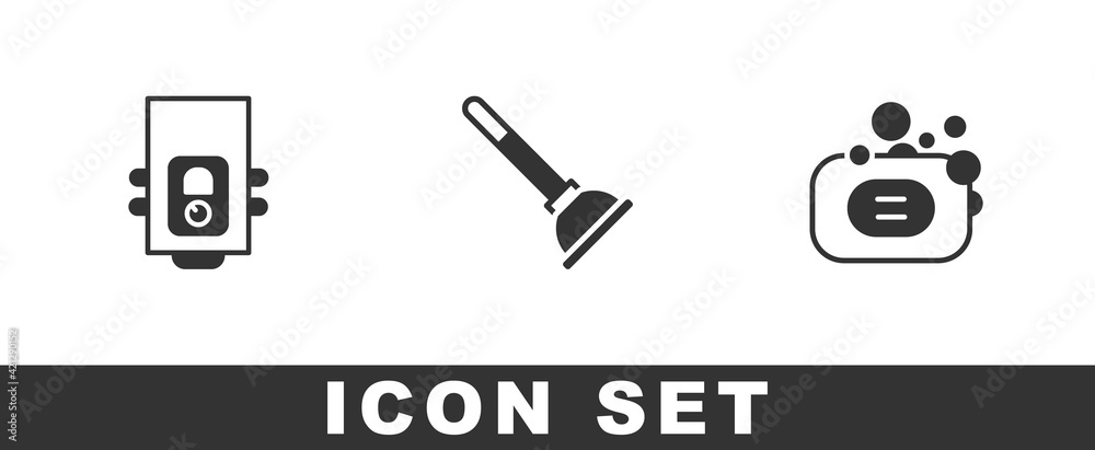 Set Gas boiler, Rubber plunger and Bar of soap icon. Vector