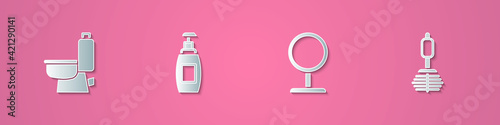 Set paper cut Toilet bowl, Bottle of liquid soap, Round makeup mirror and brush icon. Paper art style. Vector